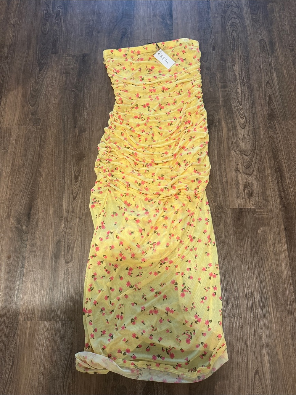 RESA Yellow Floral Ruched Midi Dress with Pink Accents